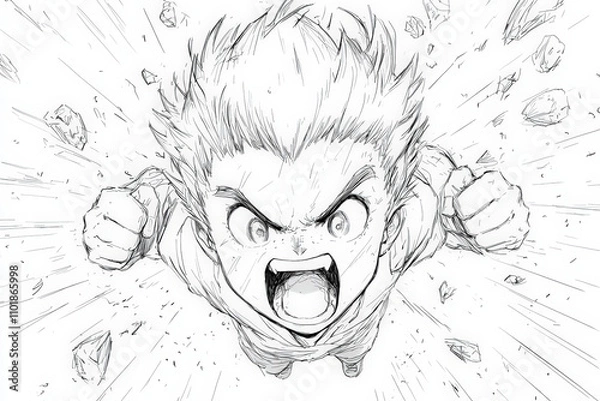 Obraz manga character with spiky hair is depicted in intense battle pose, shouting with determination. background features explosive effects and flying debris, enhancing dramatic scene
