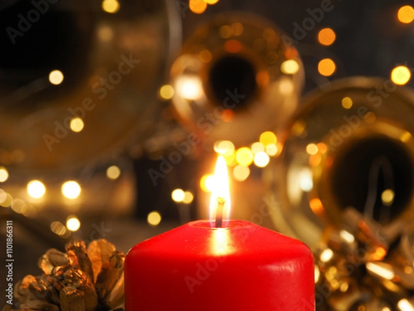 Obraz Festive Christmas decoration with one burning candle and brass instruments