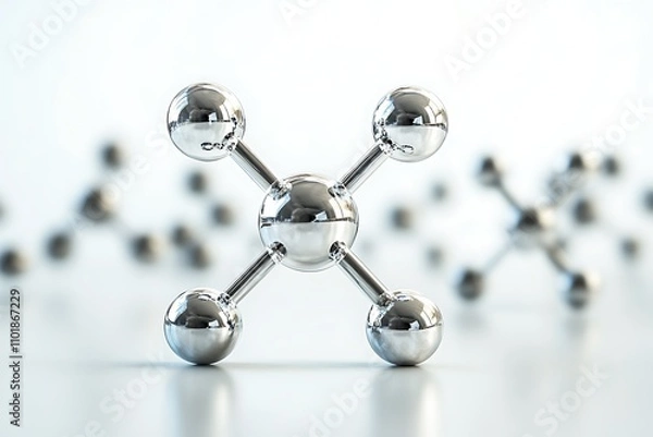 Fototapeta A metallic molecule model with reflective surfaces on a white background, symbolizing science, technology, and structure in the modern world.