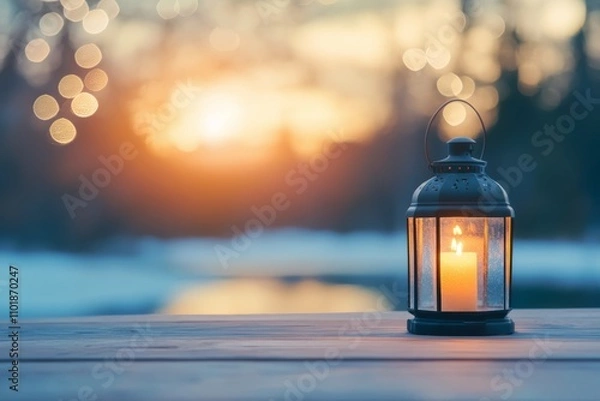 Fototapeta Candle lantern glowing on wooden table at sunset creating a serene atmosphere