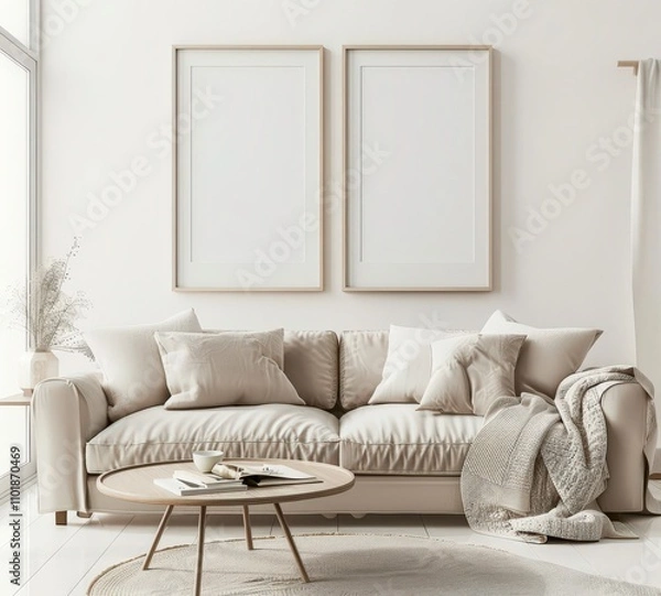 Obraz A cozy living room with a beige couch. two empty picture frames. a coffee table. and dried pampas grass in a vase