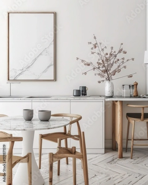 Fototapeta A modern kitchen with a round dining table. two chairs. a plant. and a blank picture frame