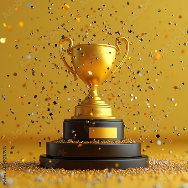 Fototapeta golden trophy on pedestal surrounded by colorful confetti, celebrating achievement and success. vibrant background enhances festive atmosphere