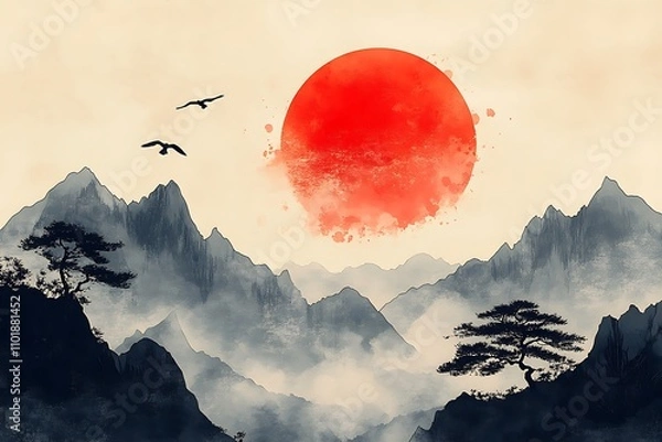 Obraz Traditional Japanese style landscape with sakura, hills, sun, lake, and cranes on a vintage watercolor background.