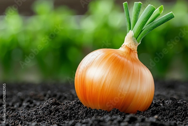 Fototapeta golden onion glowing against dark rich soil, showcasing its vibrant color and fresh green shoots. This captures essence of healthy produce in natural setting