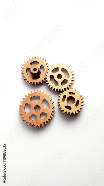 Fototapeta Four wooden gears arranged aesthetically on a light background, showcasing intricate designs and mechanical beauty.