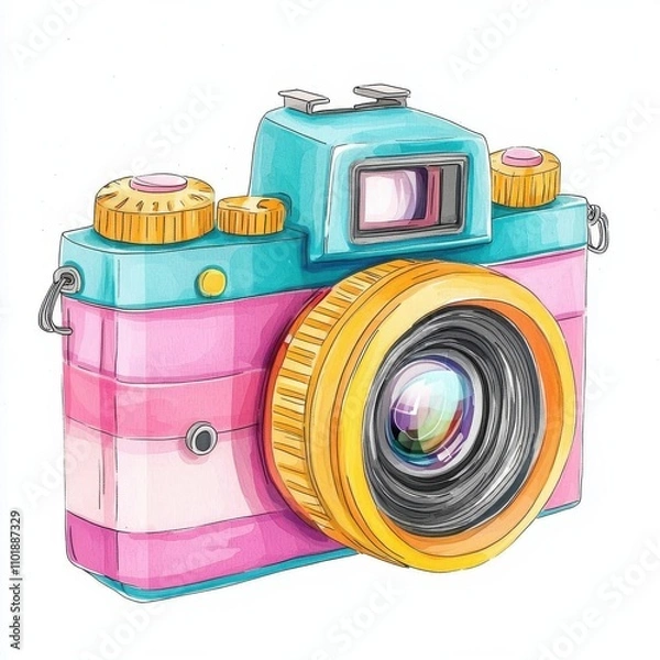 Fototapeta A retro disposable camera with bright colors clipart, cartoon drawing style, cheerful design, isolated on white background