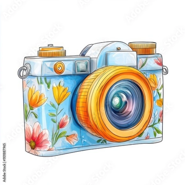 Fototapeta A vintage camera with a floral pattern on its body clipart, cartoon drawing style, creative design, isolated on white background