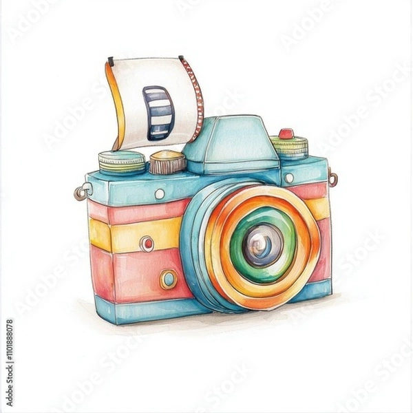 Fototapeta A vintage camera with a roll of film hanging out clipart, cartoon drawing style, whimsical touch, isolated on white background