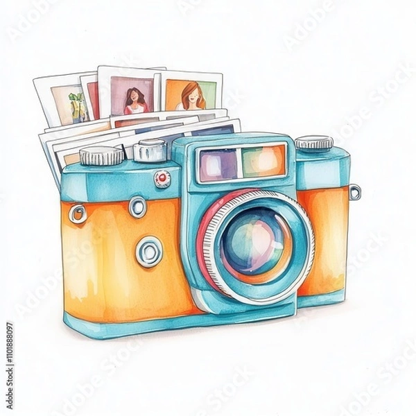 Fototapeta A vintage camera with a stack of developed photos clipart, cartoon drawing style, fun details, isolated on white background