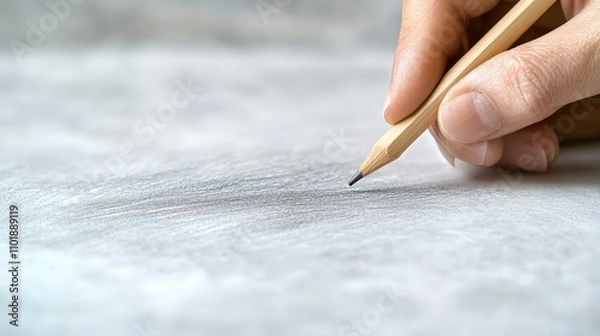 Fototapeta Close-up of a hand sketching on paper with a pencil, creating a textured gray drawing.