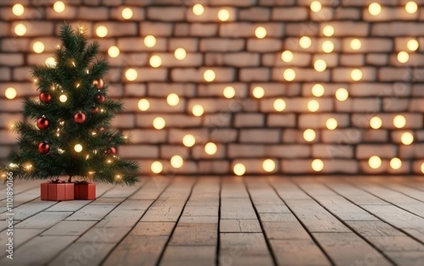 Fototapeta A cozy Christmas scene featuring a decorated tree with ornaments and twinkling lights against a warm brick wall background.