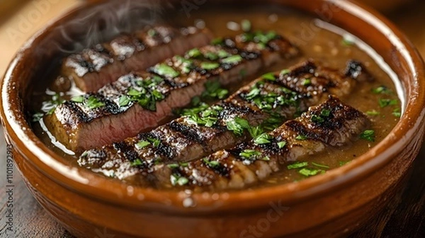 Fototapeta Grilled steak served in rustic clay pot with brown gravy and fresh herbs, photographed with warm lighting on wooden table setting in professional culinary presentation style.
