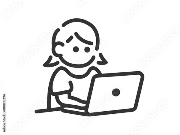 Fototapeta ノートパソコンを使う女性のアイコン（線画）のイラスト