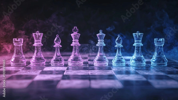 Fototapeta vibrant chessboard features glowing, electrified pieces in pink and blue hues, creating captivating atmosphere. translucent figures stand out against smoky background, enhancing visual appeal