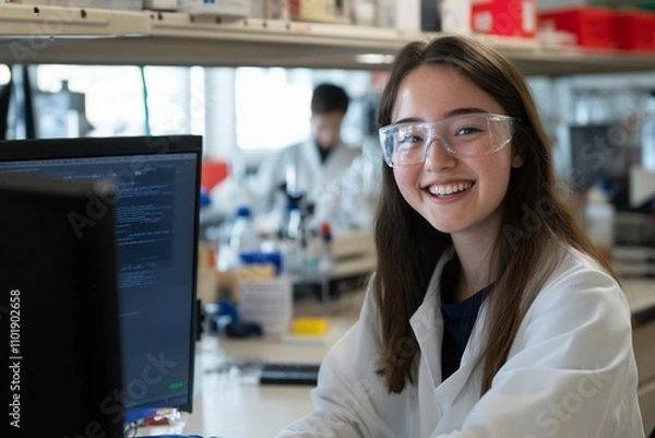 Fototapeta Smiling female scientist in lab coat using computer.