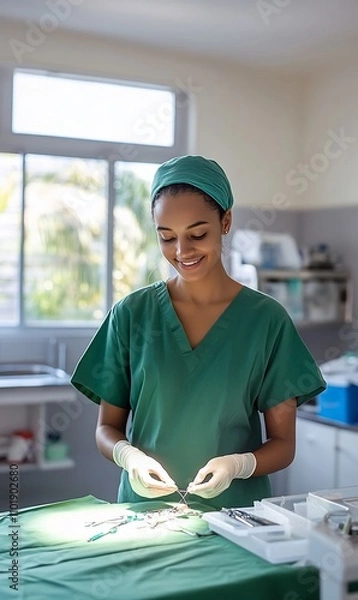 Fototapeta Smiling female surgeon preparing surgical instruments.