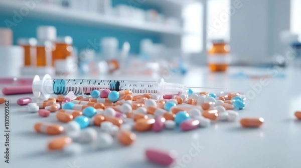 Fototapeta Spilled pills and syringe on a lab table.