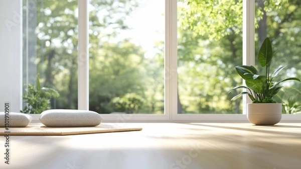 Fototapeta Sunlit room with cushions, plant, and large window.