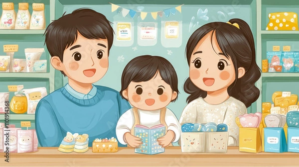 Fototapeta A cheerful family of three browses a vibrant store, engaging in joyful activities while the little one holds a cute book filled with illustrations