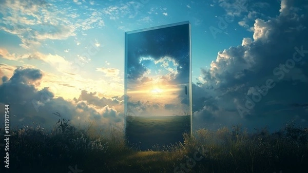 Fototapeta 非現実的で夢のような幻想的な世界_海に佇むドア