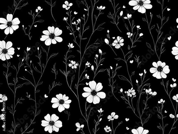 Fototapeta A pattern of small white flowers and leaves on a black background. 