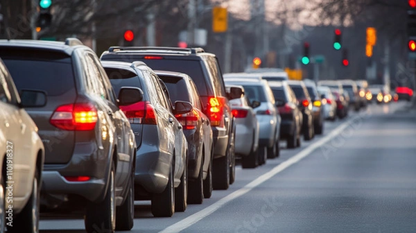 Fototapeta A long line of vehicles inching forward at a traffic light