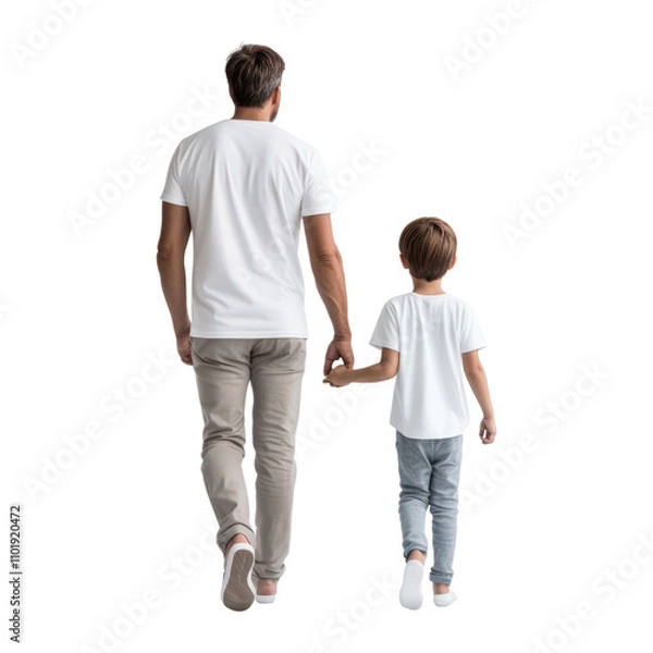 Fototapeta father and son walking back view isolated on transparent background cutout