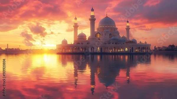 Fototapeta A grand mosque reflected in water with a vivid pink and orange horizon