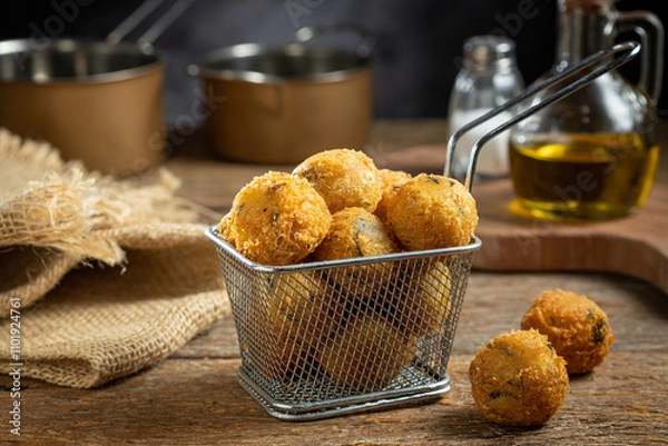 Fototapeta Codfish dumplings. fried dumpling, cod dumpling, fish meat, bacalao bunuelos.