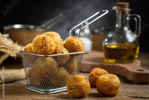 Fototapeta Codfish dumplings. fried dumpling, cod dumpling, fish meat, bacalao bunuelos.