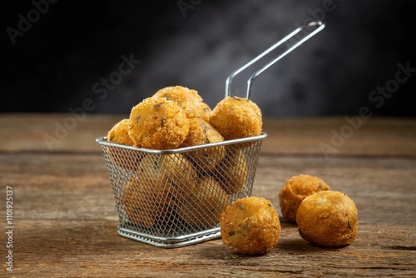 Fototapeta Codfish dumplings. fried dumpling, cod dumpling, fish meat, bacalao bunuelos.