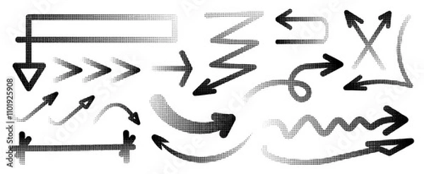 Obraz Set of different shapes of halftone effect arrows, drawn in black digital form for design in fun presentations and animated visuals with a tonal gradient effect. vector illustration