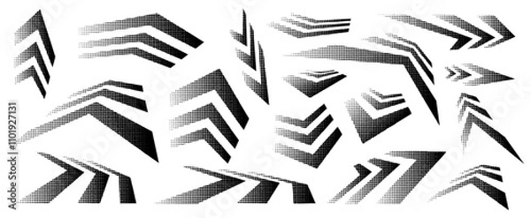 Fototapeta set of arrows in perspectives with texture, variation of models in halftone style. Vector arrow illustrations
