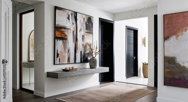 Fototapeta Entryways with floating console tables and large abstract art pieces