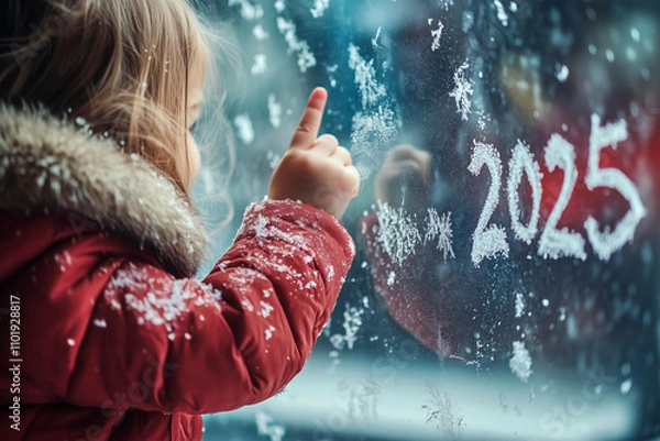 Obraz Close-up of a little girl's hand in a coat writing the text “2025” on a snow-filled window with one finger. Snow is falling, celebration of the new year.