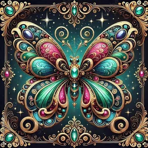 Obraz A regal butterfly featuring vibrant gemstones and ornate details, set in a celestial scene.