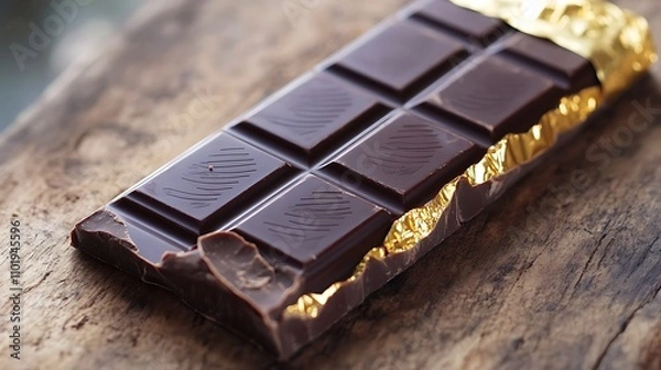 Obraz A luxurious dark chocolate bar resting on a polished wooden surface, melted edges, golden wrapper