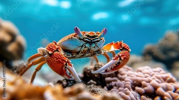 Fototapeta A striking orange crab with curious eyes sits perched on coral, its vibrant colors shining against the bright blue underwater backdrop of the ocean floor.