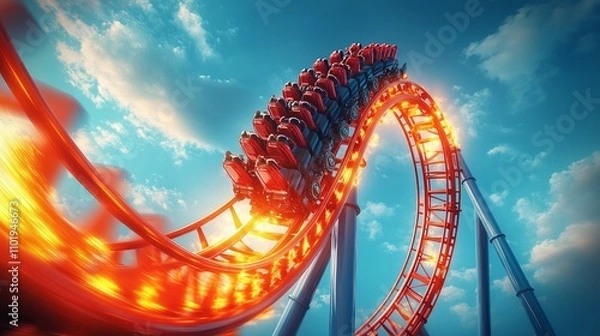Fototapeta A red roller coaster spinning rapidly in mid-air, The blue sky and clouds in the background blur with a dynamic motion effect
