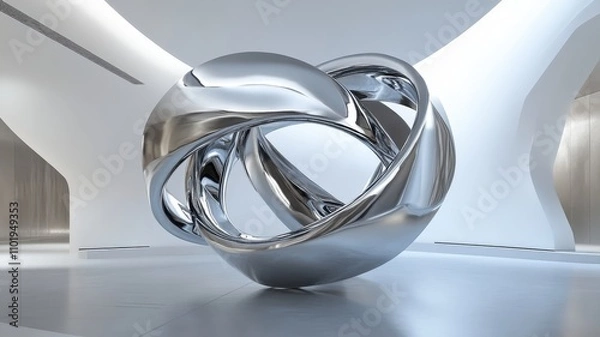 Fototapeta A sleek, modern sculpture with intertwined metallic forms, set against a minimalist, futuristic interior.
