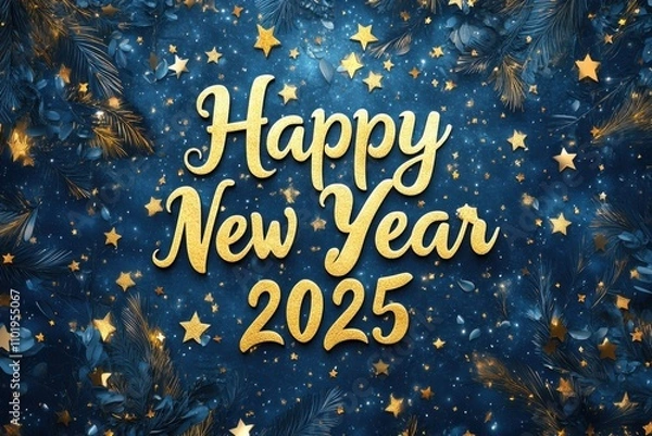 Fototapeta A festive design featuring "Happy New Year 2025" in glittery gold against a deep blue background adorned with stars and holiday motifs.
