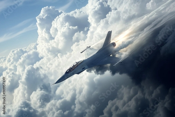 Fototapeta Fighter jet pilot breaking the sound barrier, a massive sonic boom forming around the aircraft, high-speed adrenaline in the clouds.