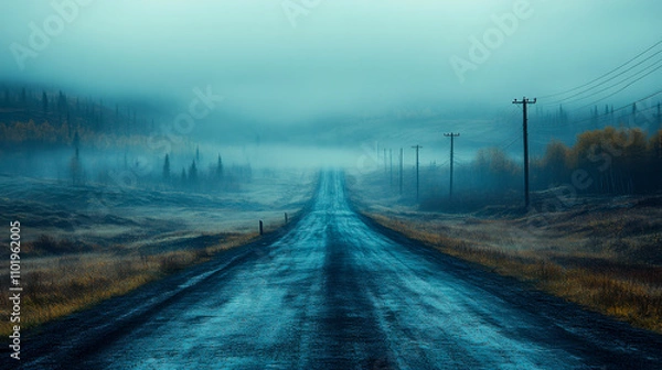 Fototapeta Misty deserted country road surrounded by fog and power lines at dawn
