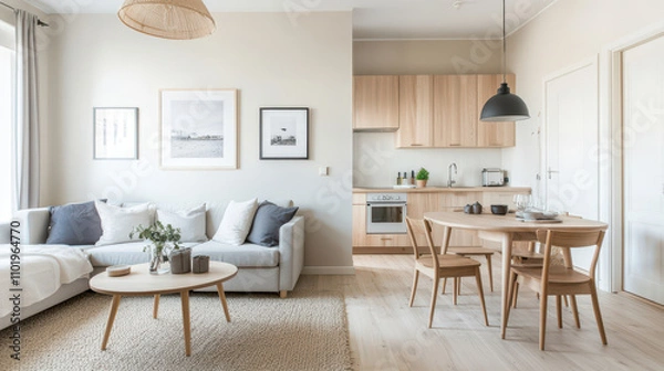 Fototapeta Modern living room and dining area with minimalist design, featuring natural light and neutral tones for a serene atmosphere.