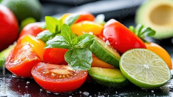 Fototapeta A lively arrangement of avocado and tomato slices paired with fresh lime, basil, and sprinkled salt, emphasizing freshness, flavor, and visual appeal.