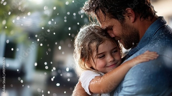 Fototapeta A father and daughter, smiling warmly, hold each other in a close embrace while standing in a beautiful, rain-soaked landscape that enhances their joyful bond.