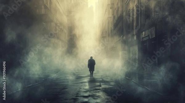 Fototapeta A dramatic, mist-filled street scene where a solitary figure walks through an empty, fog-laden city at dawn. The moody lighting and abandoned setting evoke feelings of mystery and solitude.