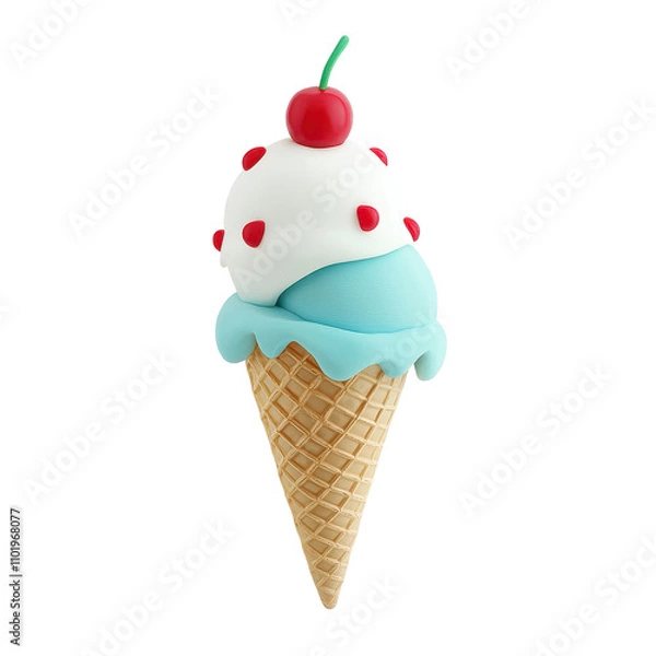 Fototapeta Delicious ice cream cone topped with soft serve, sprinkles, and a cherry on top. transparent background.