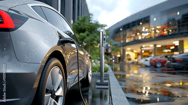 Fototapeta Ev charging dock at shopping mall parking lot urban environment technology/transport perspective for easy electric vehicle access